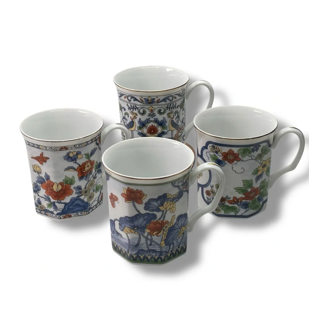 Japanese Vintage Set of 4 Octagon Shaped Gold Trim Coffee Tea Cups Floral 3.5" - Picture 1 of 8